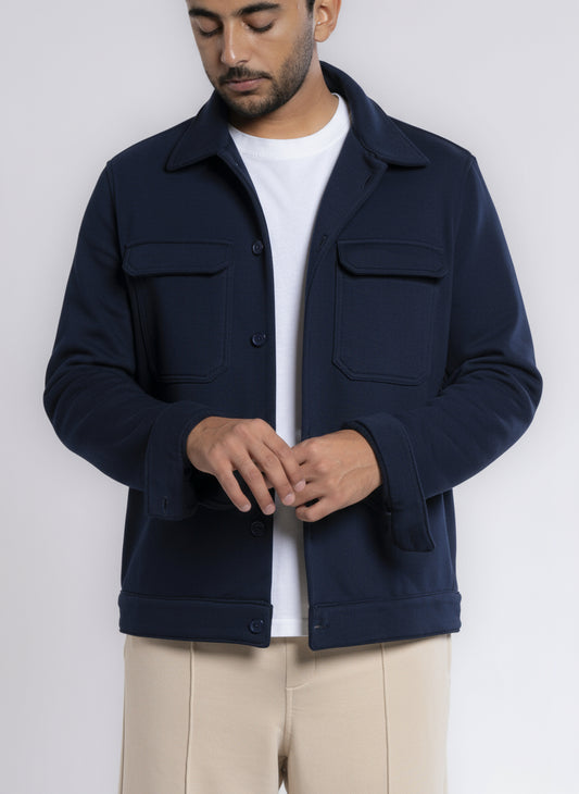 Button-up Cotton Shirt Jacket - Navy Blue