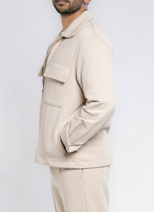 Zip-Up Cotton Shirt Jacket - Beige