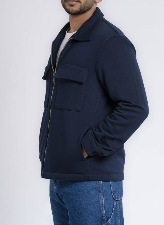 Zip-Up Cotton Shirt Jacket - Navy Blue