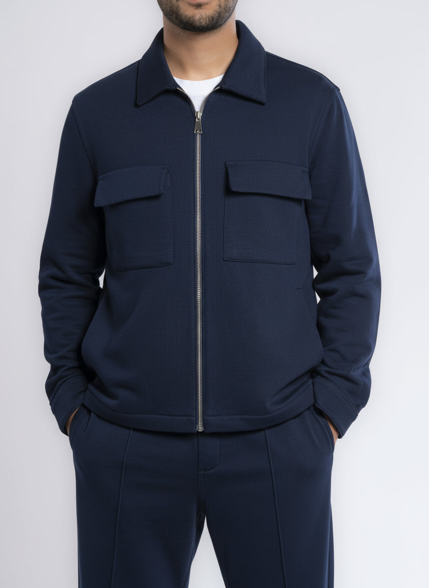 Zip-Up Cotton Shirt Jacket - Navy Blue