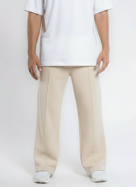 Front-Pleated Straight-Leg Cotton Sweatpants - Beige