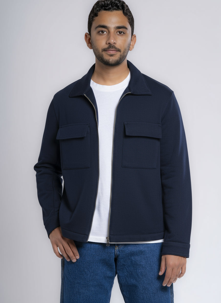 Zip-Up Cotton Shirt Jacket - Navy Blue