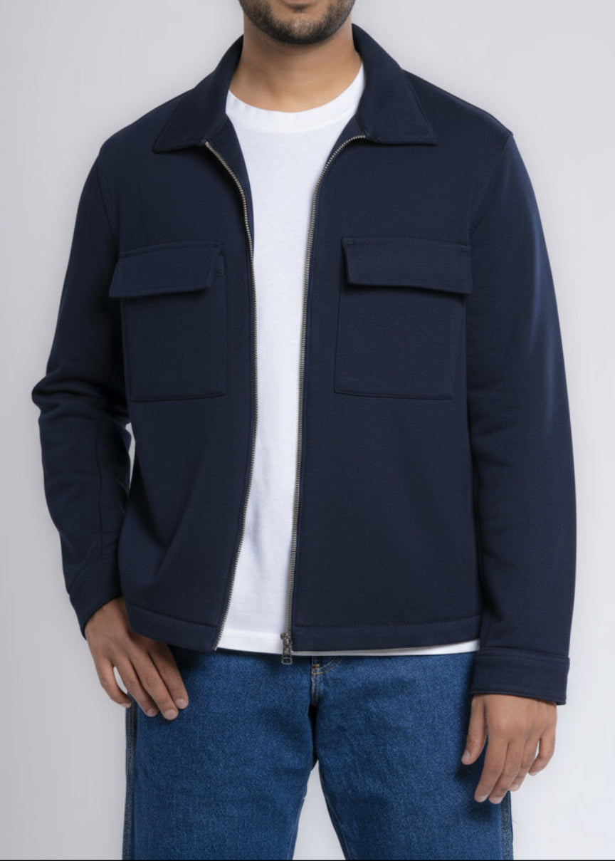 Zip-Up Cotton Shirt Jacket - Navy Blue