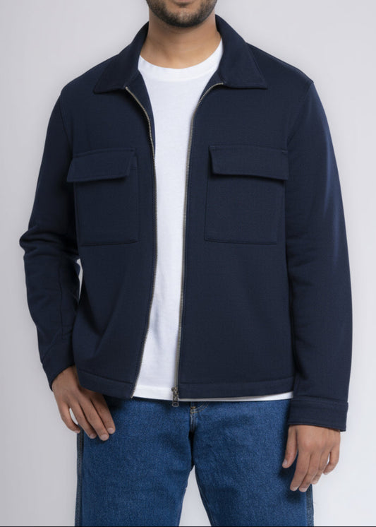 Zip-Up Cotton Shirt Jacket - Navy Blue