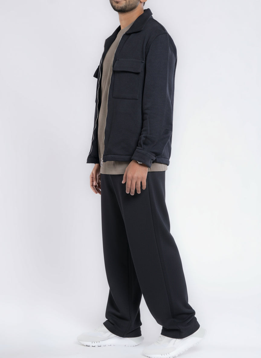 Zip-Up Cotton Shirt Jacket - Black