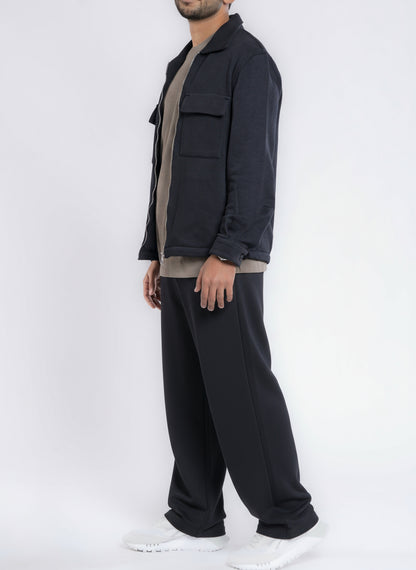 Zip-Up Cotton Shirt Jacket - Black