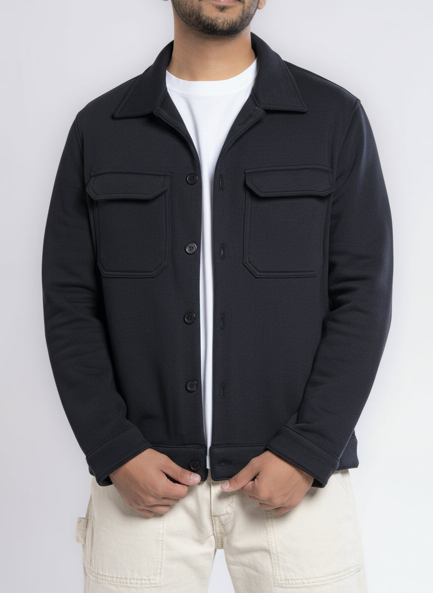 Button-up Cotton Shirt Jacket - Black