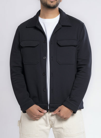 Button-up Cotton Shirt Jacket - Black