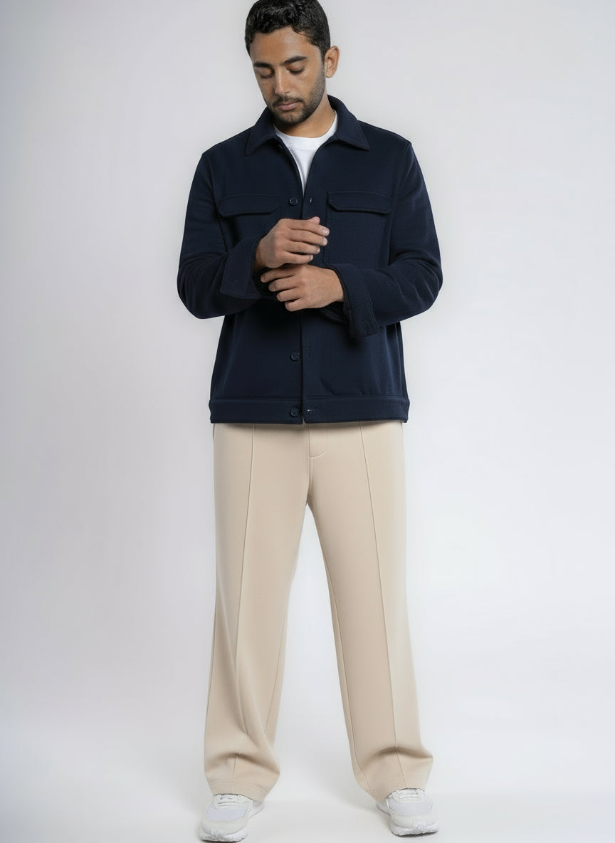 Button-up Cotton Shirt Jacket - Navy Blue
