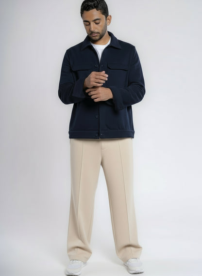 Button-up Cotton Shirt Jacket - Navy Blue
