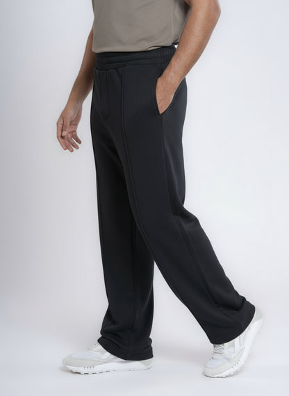 Cotton Sweatpants Straight-Leg Front-Pleated - Black