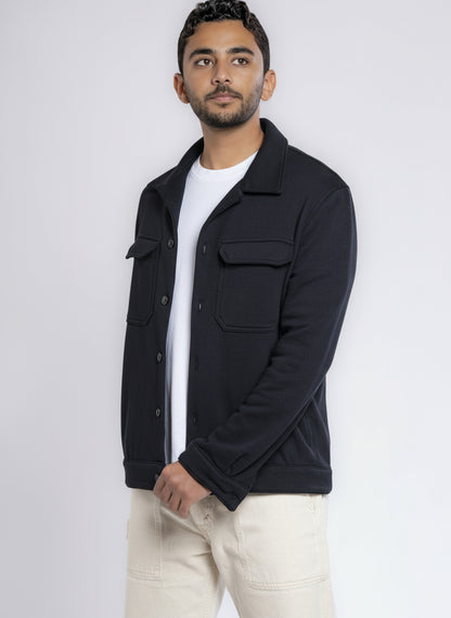 Button-up Cotton Shirt Jacket - Black