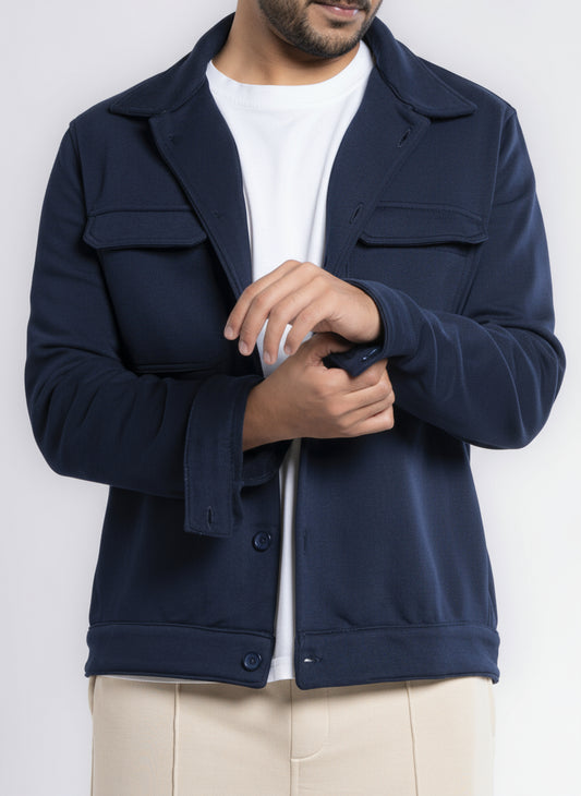 Button-up Cotton Shirt Jacket - Navy Blue