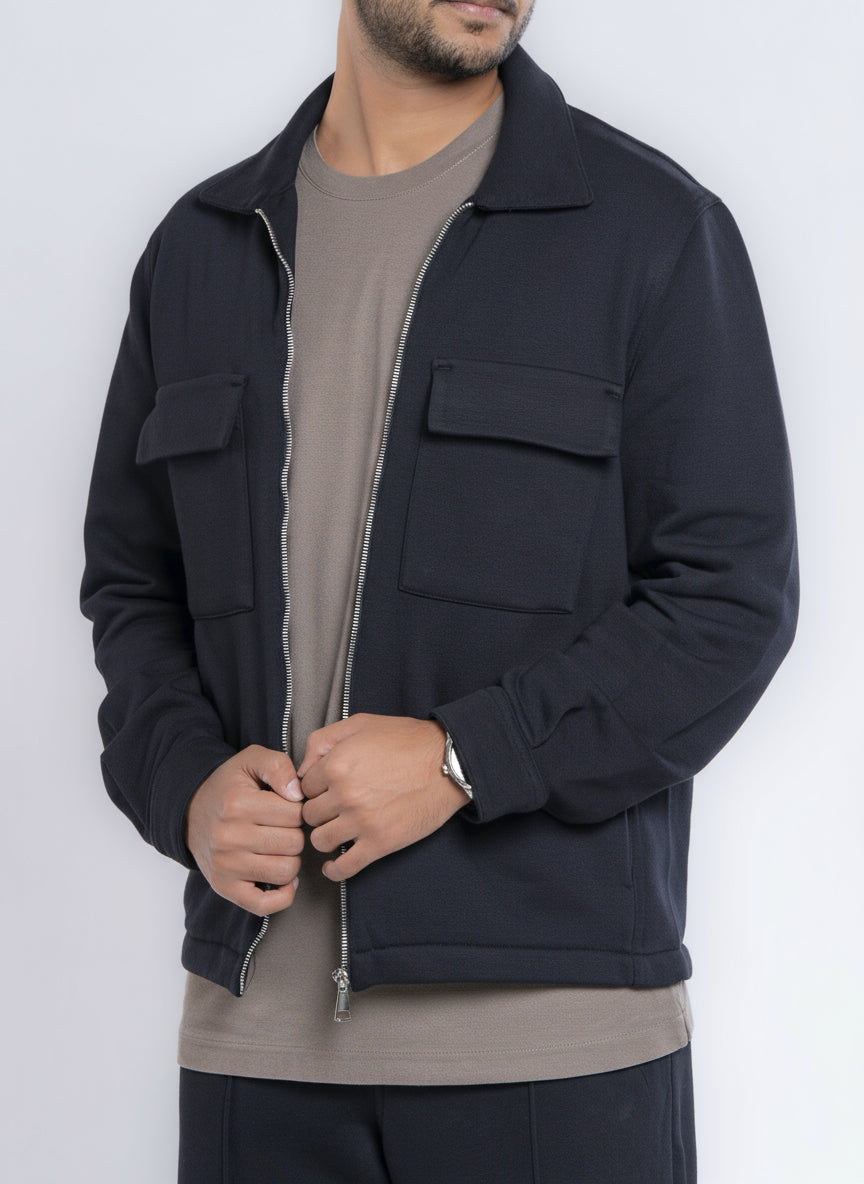 Zip-Up Cotton Shirt Jacket - Black