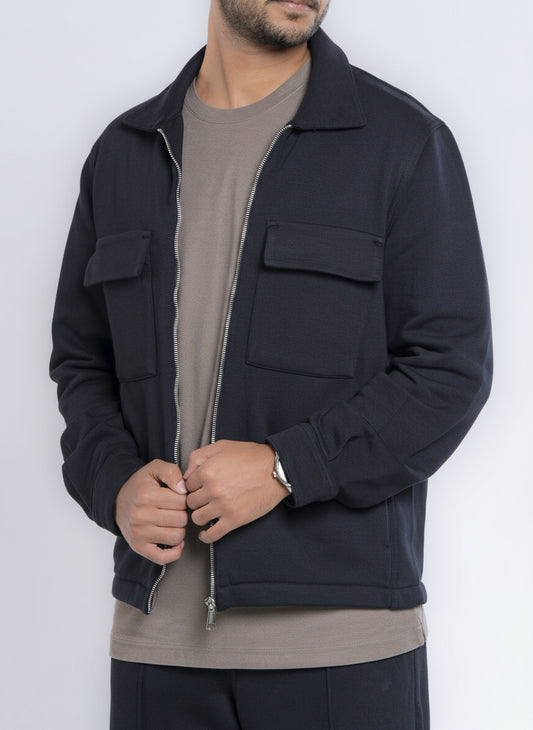 Zip-Up Cotton Shirt Jacket - Black