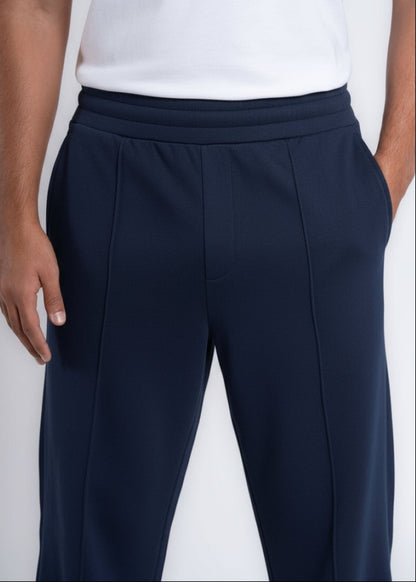 Cotton Sweatpants Straight-Leg Front-Pleated - Navy Blue