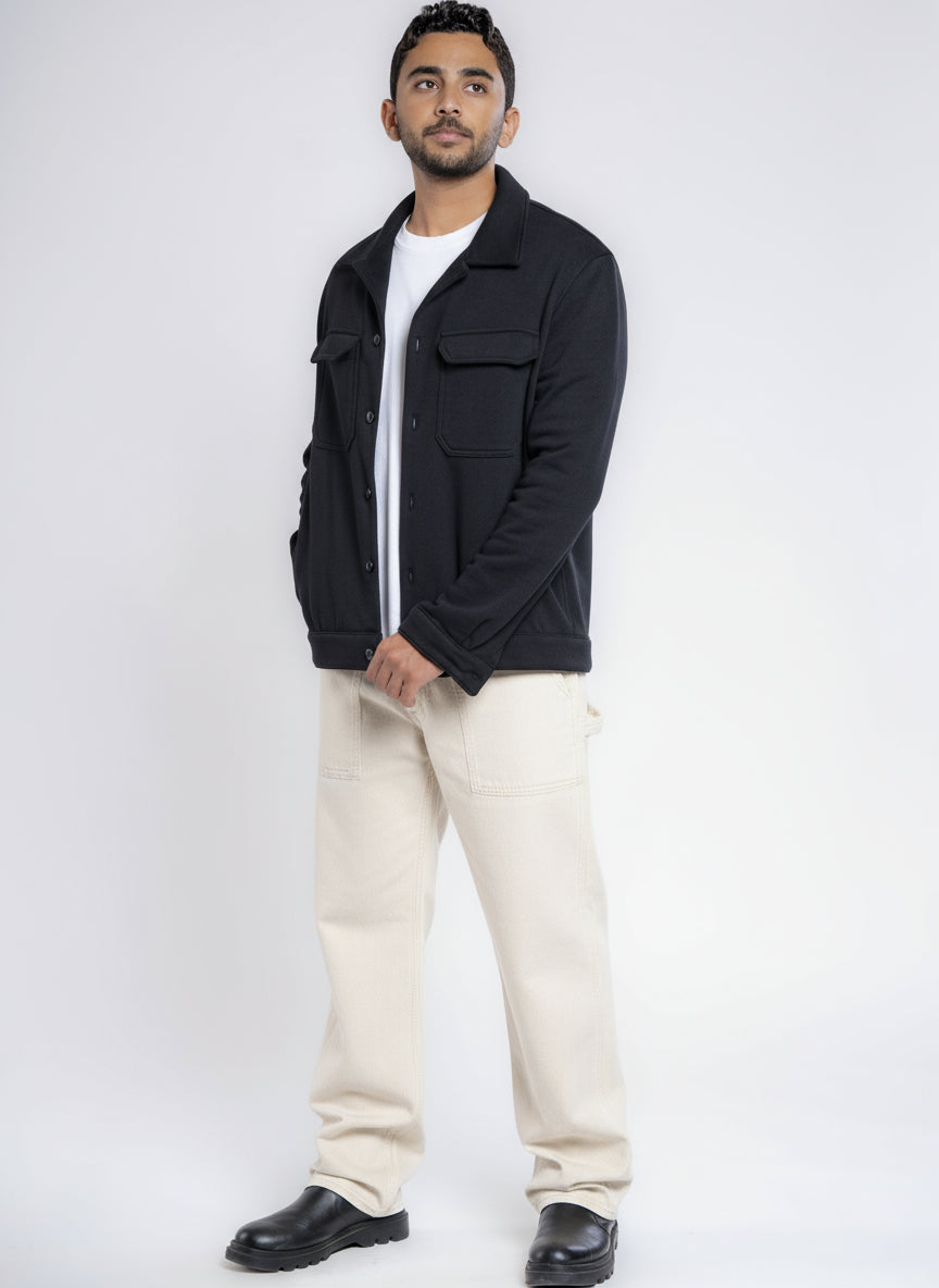 Button-up Cotton Shirt Jacket - Black
