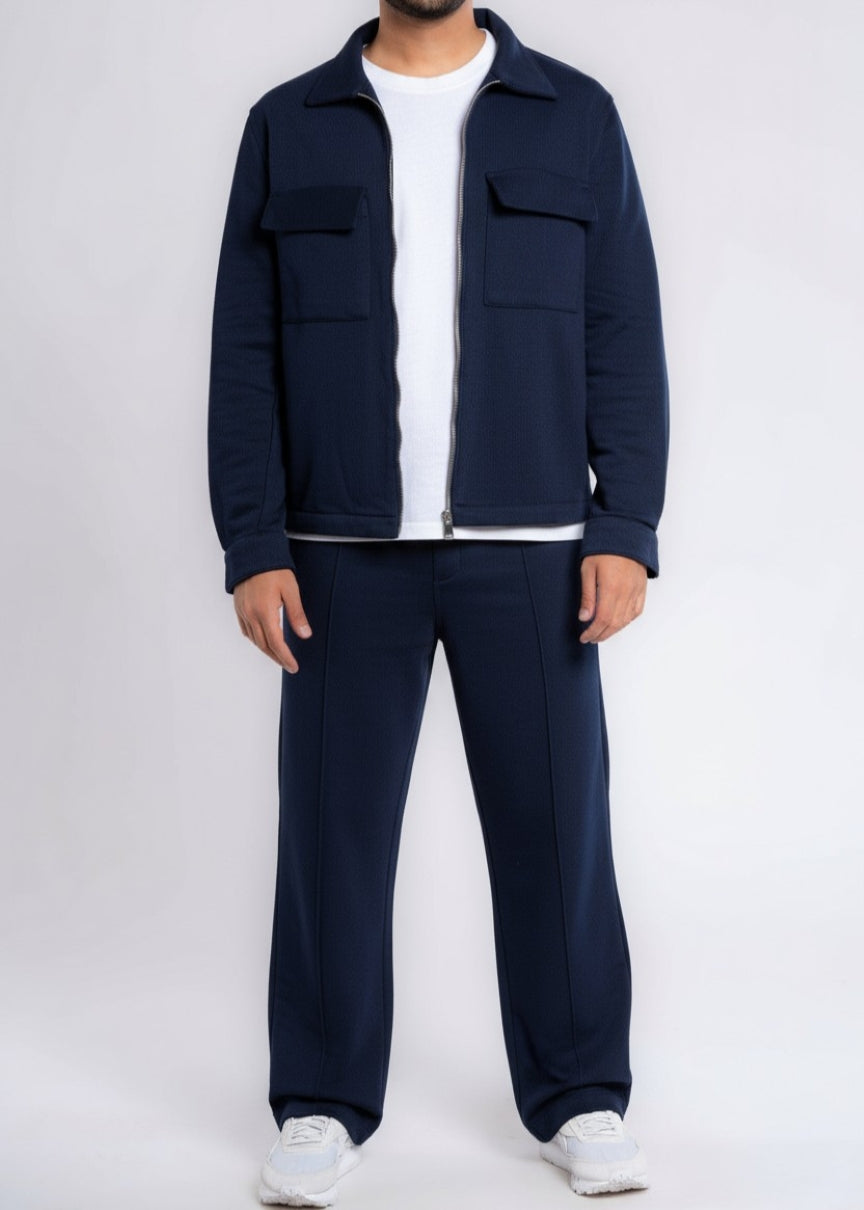 Cotton Sweatpants Straight-Leg Front-Pleated - Navy Blue