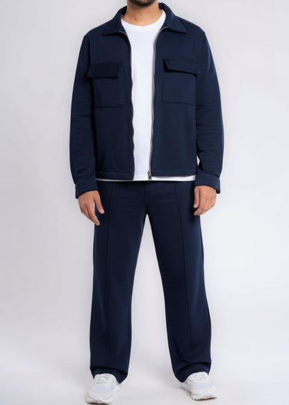 Cotton Sweatpants Straight-Leg Front-Pleated - Navy Blue