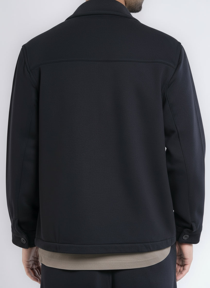 Zip-Up Cotton Shirt Jacket - Black
