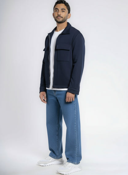 Zip-Up Cotton Shirt Jacket - Navy Blue