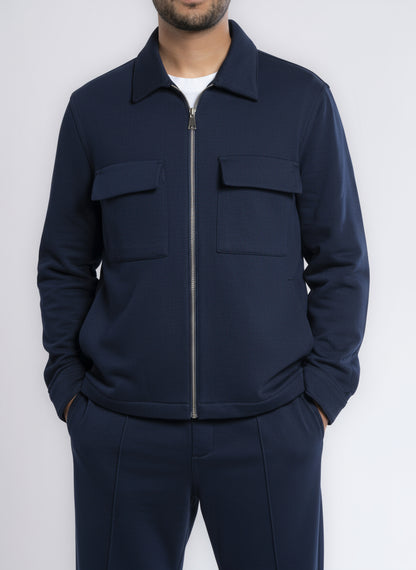 Zip-Up Cotton Shirt Jacket - Navy Blue