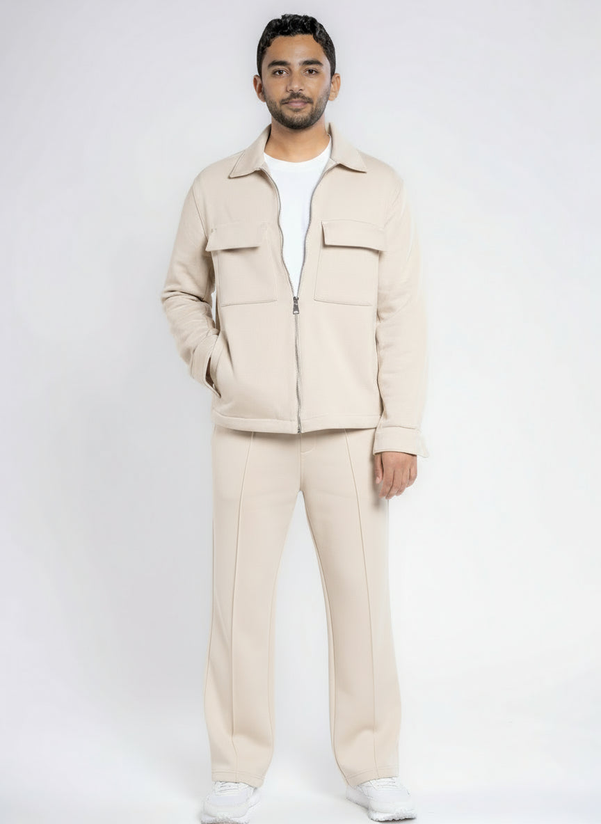 Zip-Up Cotton Shirt Jacket - Beige