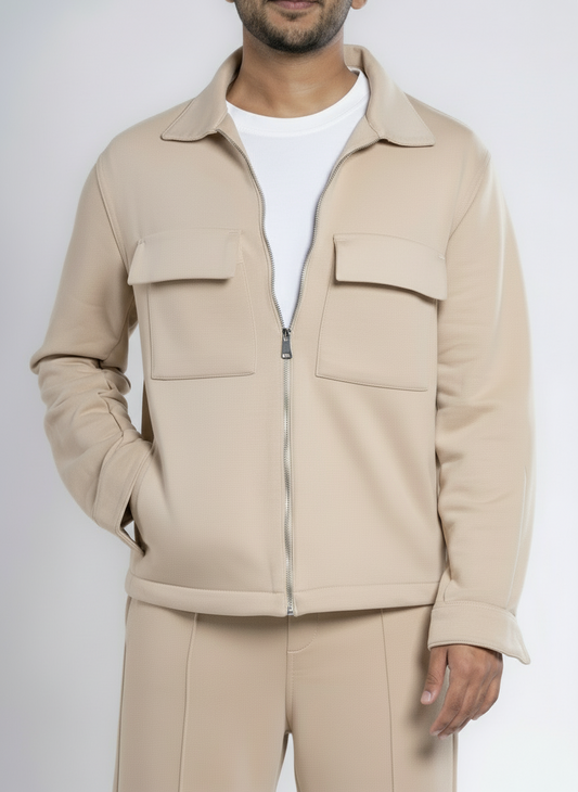 Zip-Up Cotton Shirt Jacket - Beige