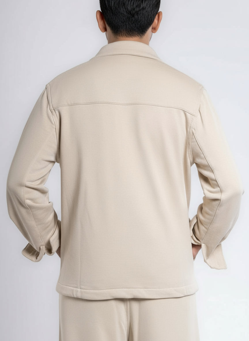 Zip-Up Cotton Shirt Jacket - Beige