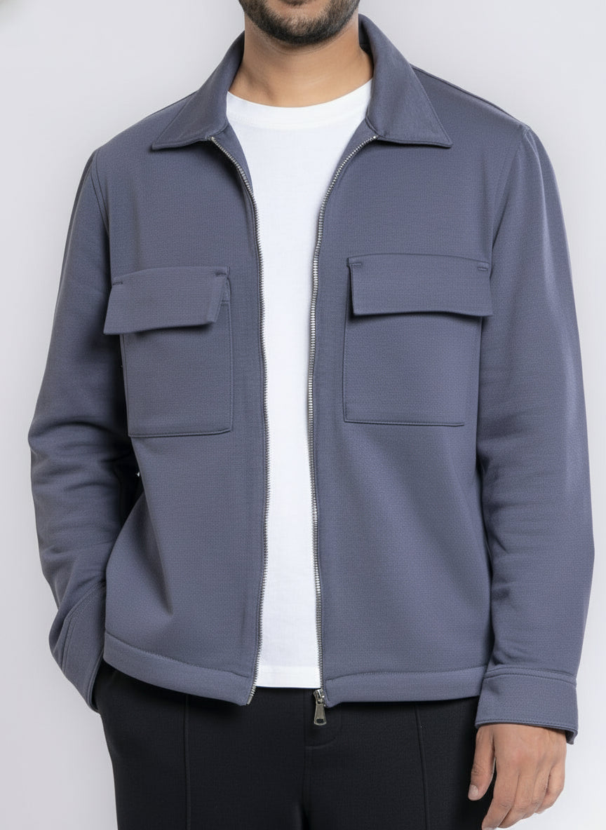 Zip-Up Cotton Shirt Jacket - Iron Gray
