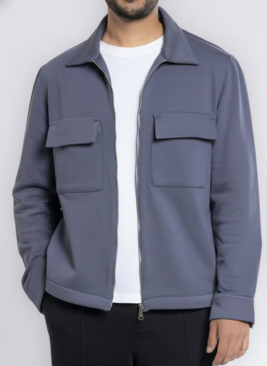 Zip-Up Cotton Shirt Jacket - Iron Gray