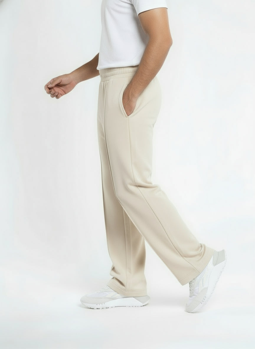 Front-Pleated Straight-Leg Cotton Sweatpants - Beige