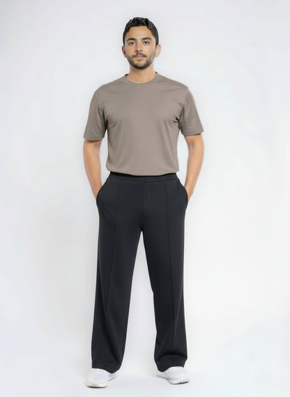 Cotton Sweatpants Straight-Leg Front-Pleated - Black